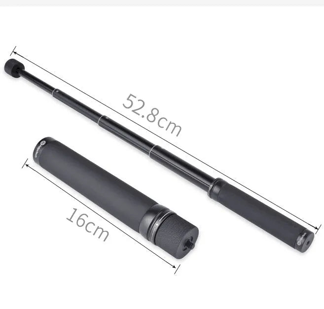 Retracted and extended views of a black aluminium selfie stick with phone holder and separate Bluetooth remote.
