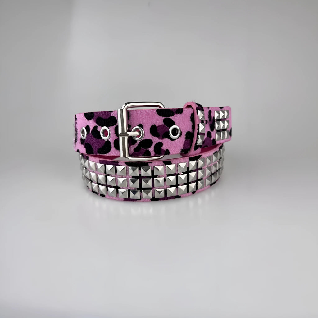 Punk style women's brown leopard print belt with metal rivets and an alloy buckle.