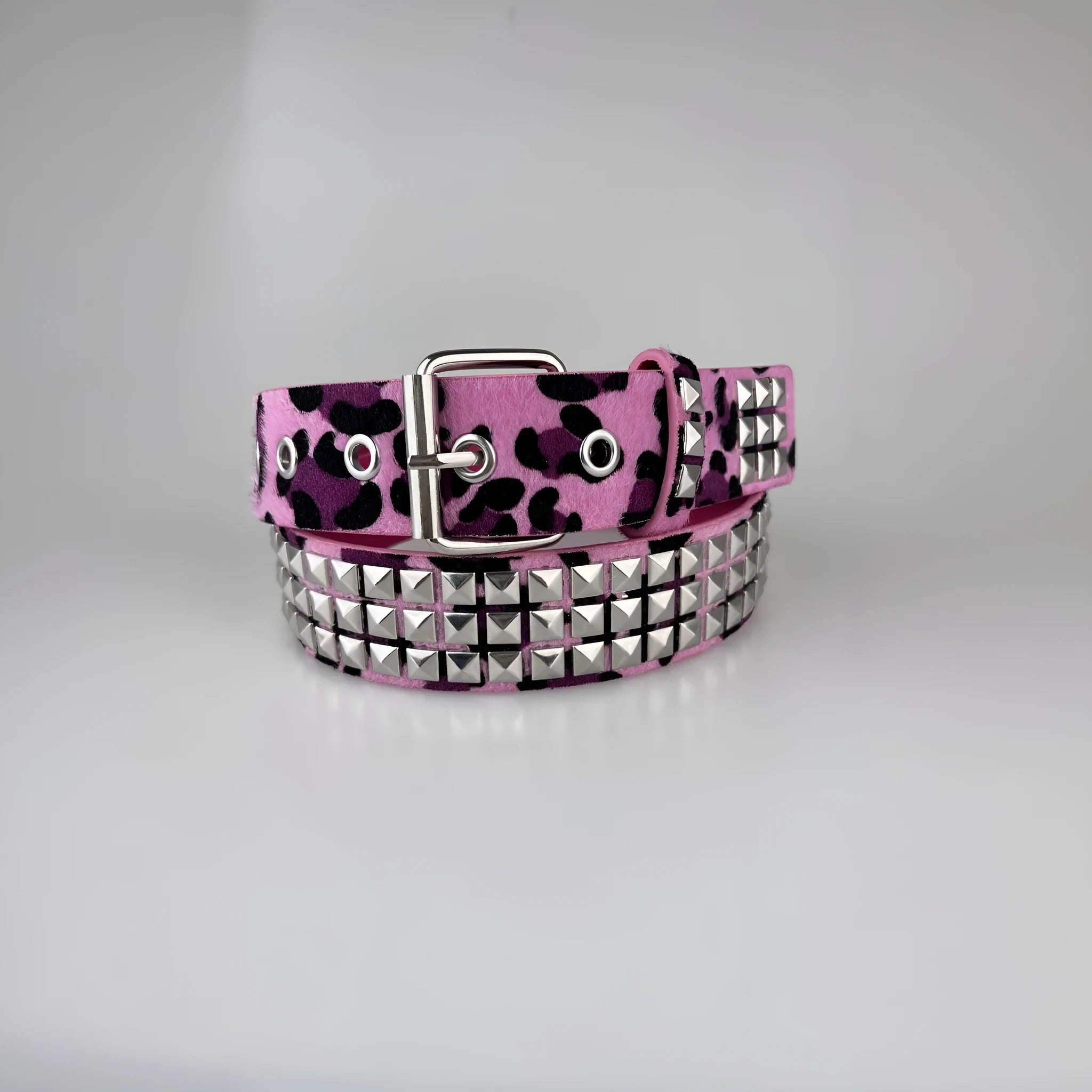Punk style women's brown leopard print belt with metal rivets and an alloy buckle.