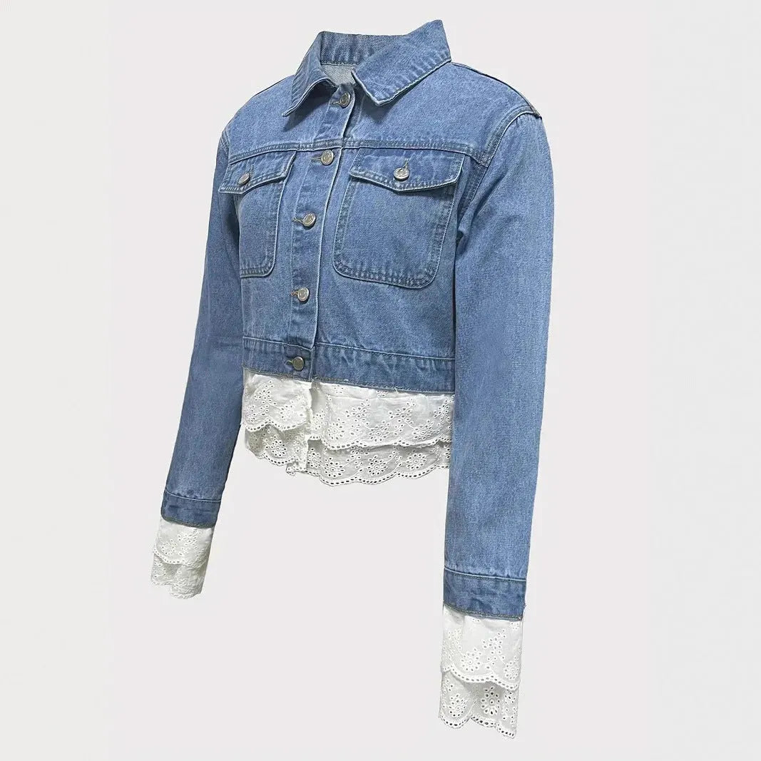 Blue lace stitching fashion denim jacket for women long sleeve cotton coat