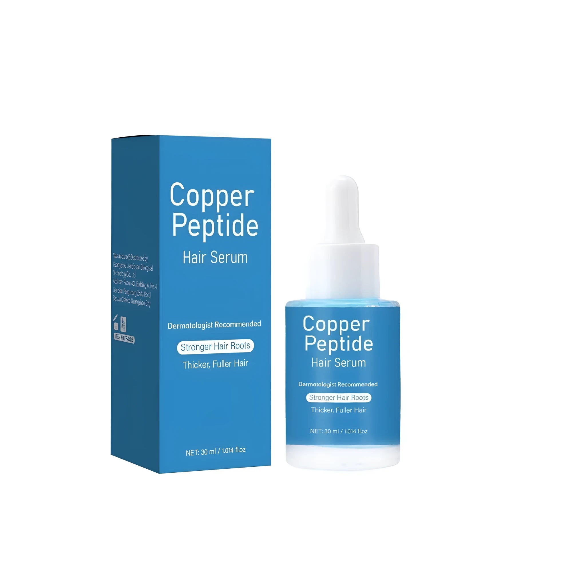 Copper peptide hair oil bottle with 30ml capacity measuring 38.5mm diameter × 95mm height