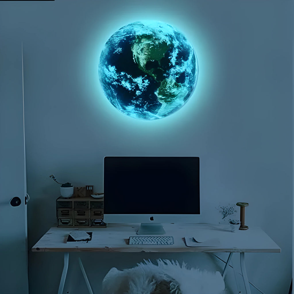 Glow in the dark 3D planet Earth wall sticker showing luminous effect in a dark room