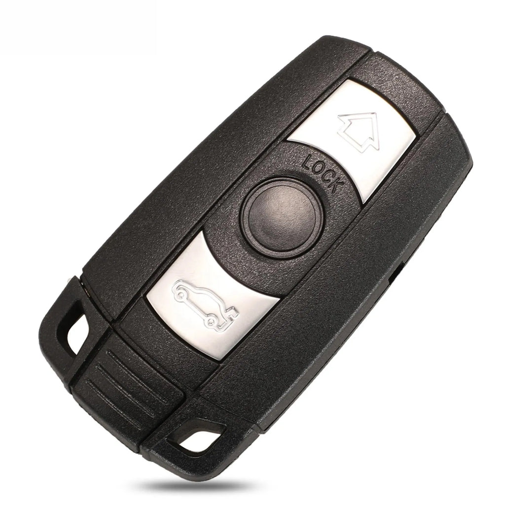 Set of three black BMW CAS3 semi-intelligent remote control car keys on a white background.