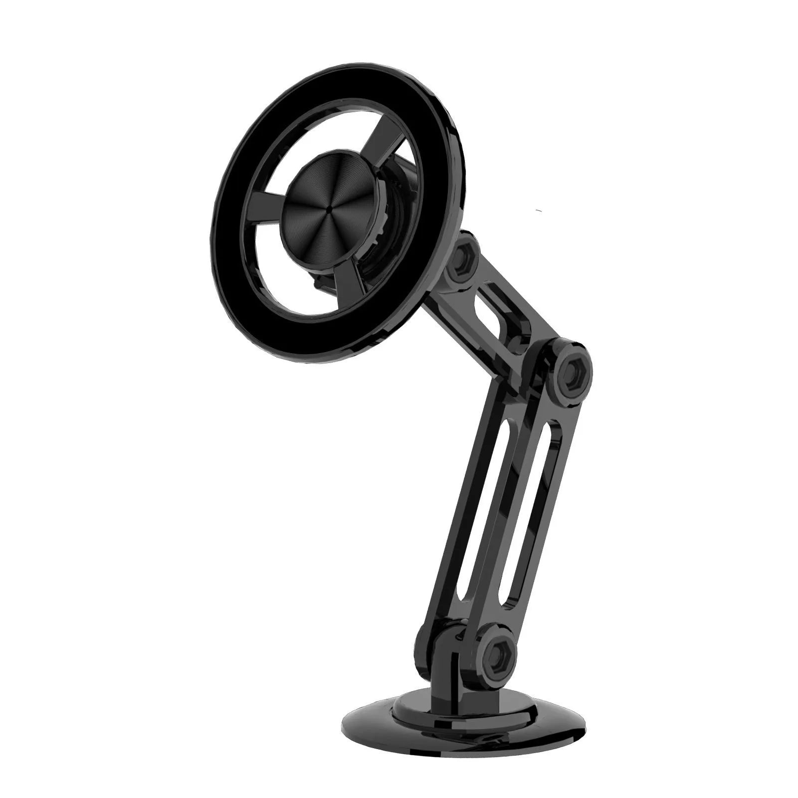All-metal magnetic car phone holder with magnetic rings and adhesive pads in black finish.