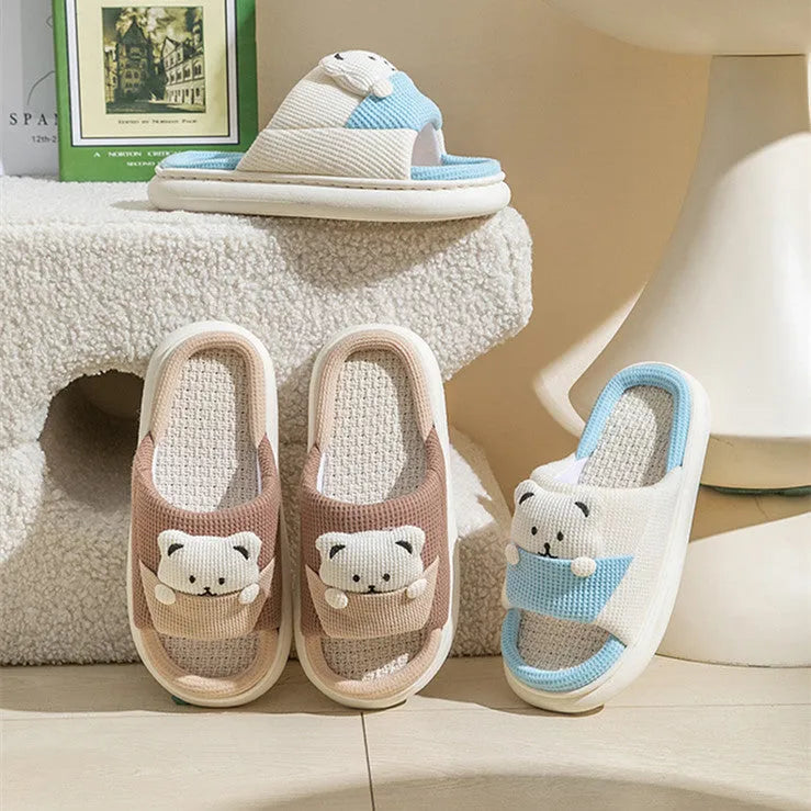 Women's thick-soled cartoon bear linen house slippers with PVC sole in blue colour