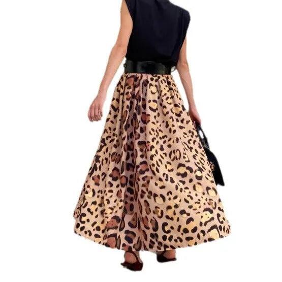 Brown leopard print women's A-line long skirt with elastic waistband laid flat.