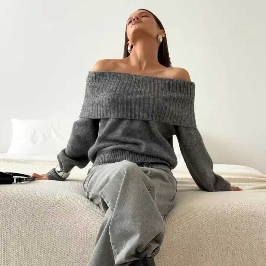 Grey off-the-shoulder sweater with 3D knit pattern and strapless design