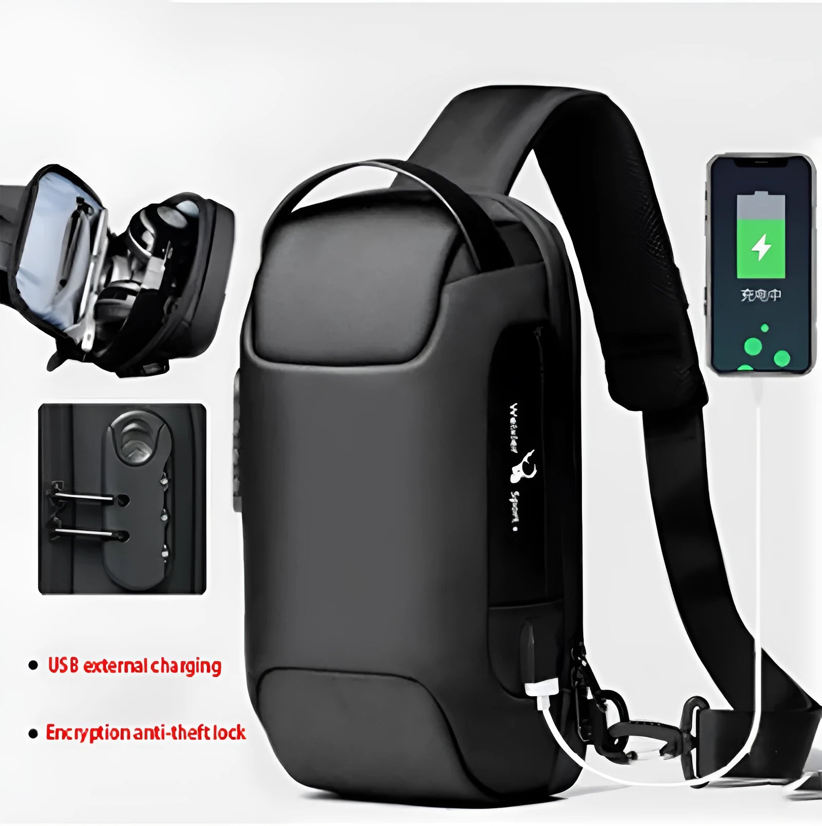 Men's waterproof Oxford crossbody shoulder bag with USB port showing internal compartments and anti-theft features