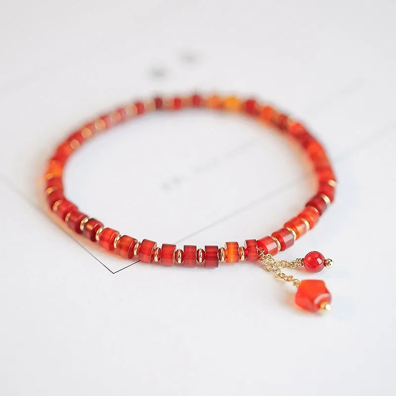 Natural red agate diamond beads hand-woven bracelet unisex ethnic style with lucky bag charm