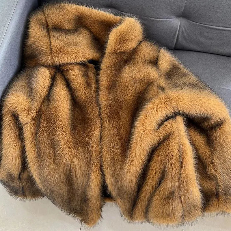 Women's silver grey artificial fur coat with mid-length design and loose trendy fit