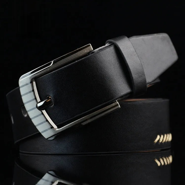 Men's retro-style patterned imitation leather belt with pin buckle in black, white, and brown colour options