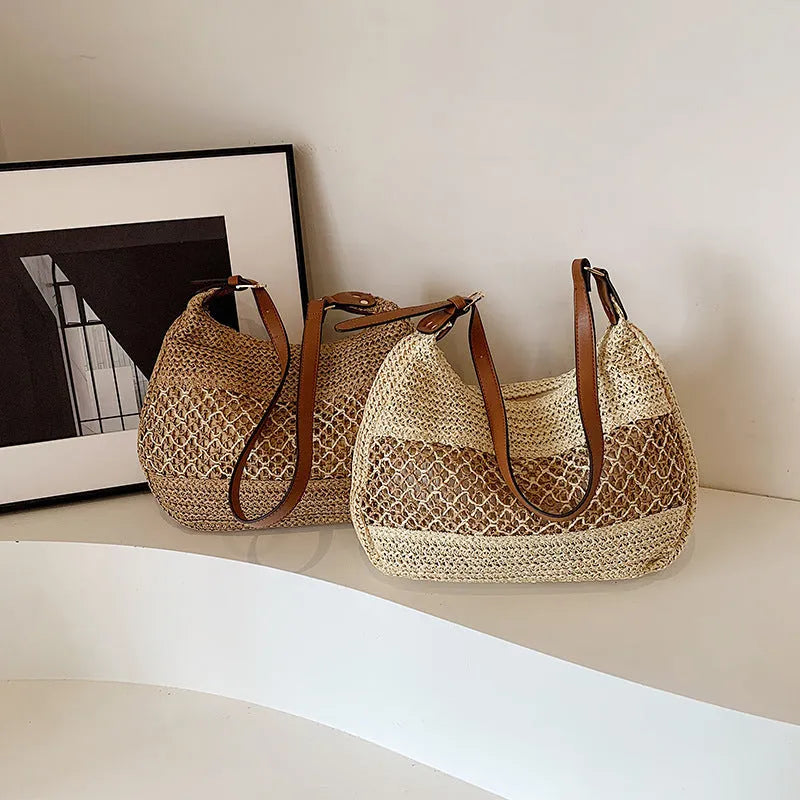 Women's straw cross body bag with horizontal square shape in khaki colour showing sandwich pocket design