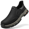 Men's casual leather shoes with rubber sole and round toe in solid colour, available in dark brown, black, and gray, sizes 40-50