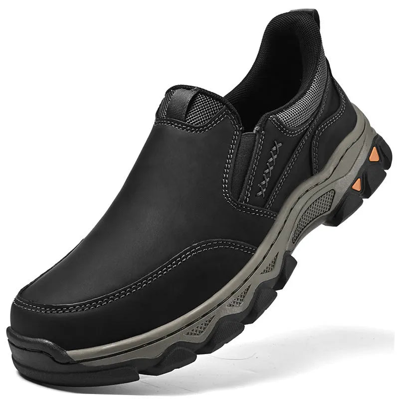 Men's casual leather shoes with rubber sole and round toe in solid colour, available in dark brown, black, and gray, sizes 40-50