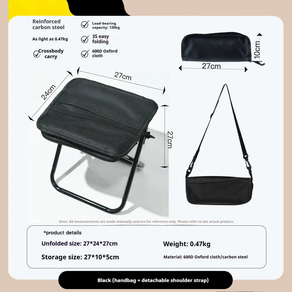 Oxford cloth foldable camp chair stool in khaki colour showing pencil box stool design