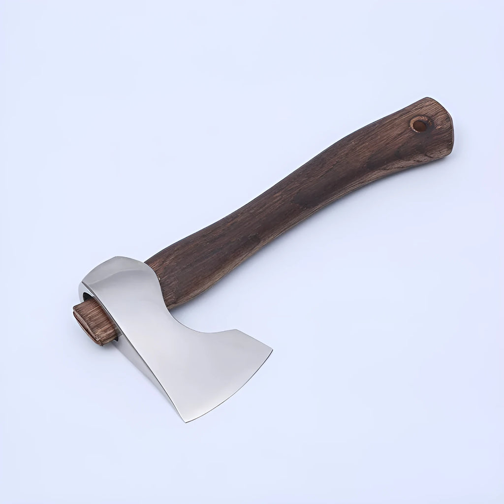 Camping axe with wooden handle and high carbon steel blade measuring 250mm long