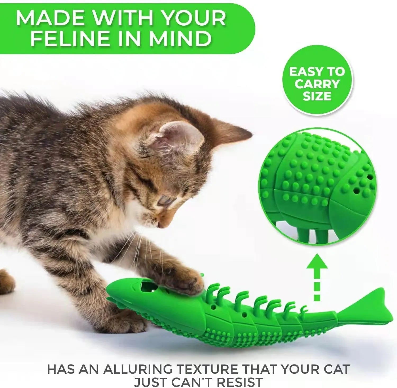 Blue catnip toy with bell for 360 degree teeth cleaning, hard rubber construction