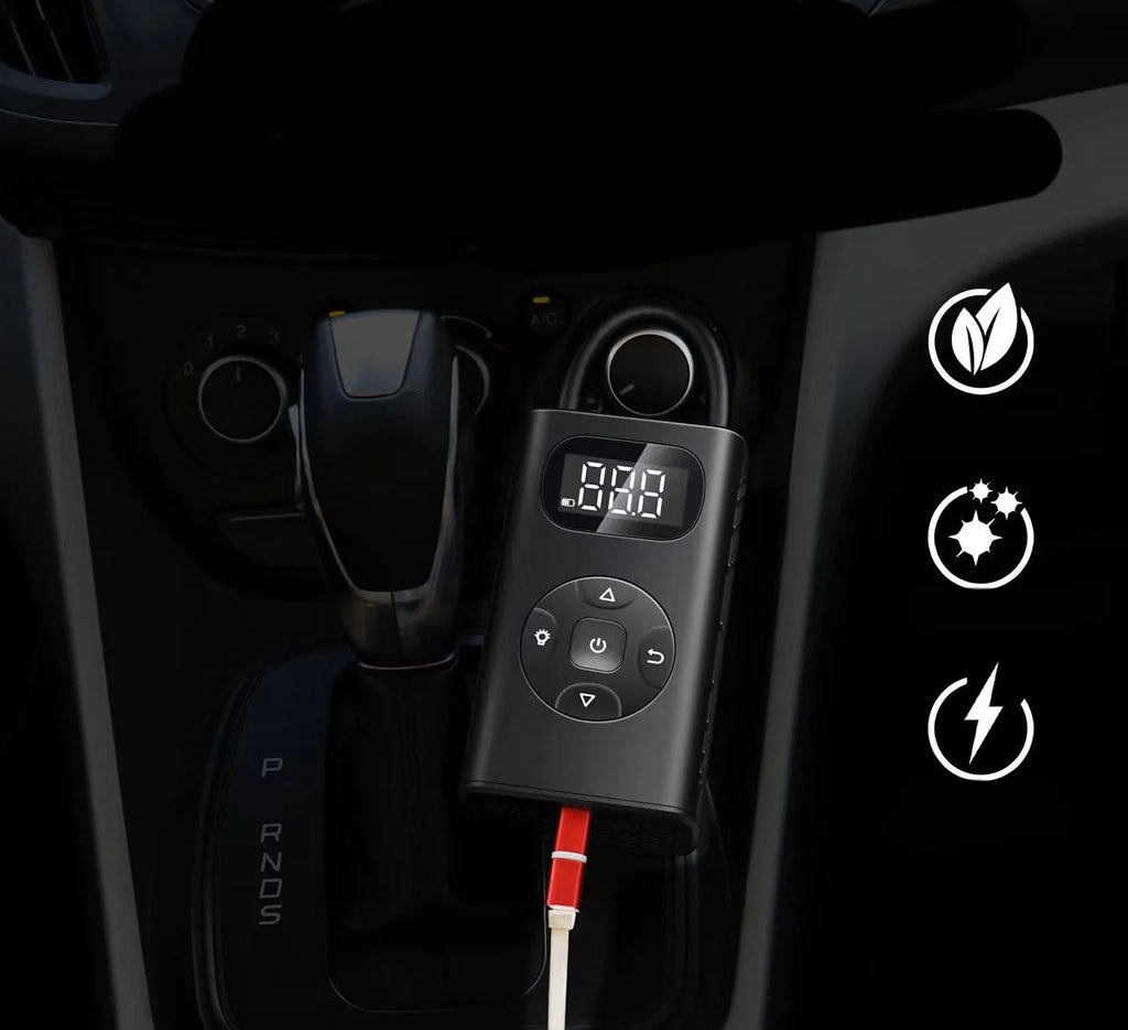 Black portable electric air compressor with USB port for tyre inflation