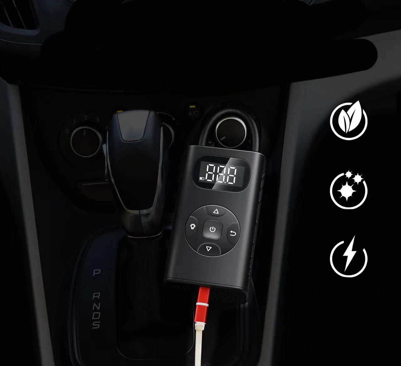 Black M09X portable power bank tyre inflator with USB cable and inflatable tube
