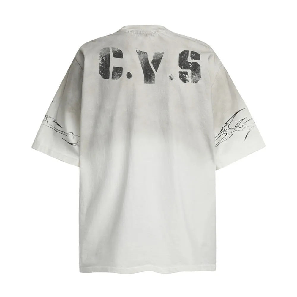 Men's black and white pure cotton short-sleeved printed t-shirt on a hanger.