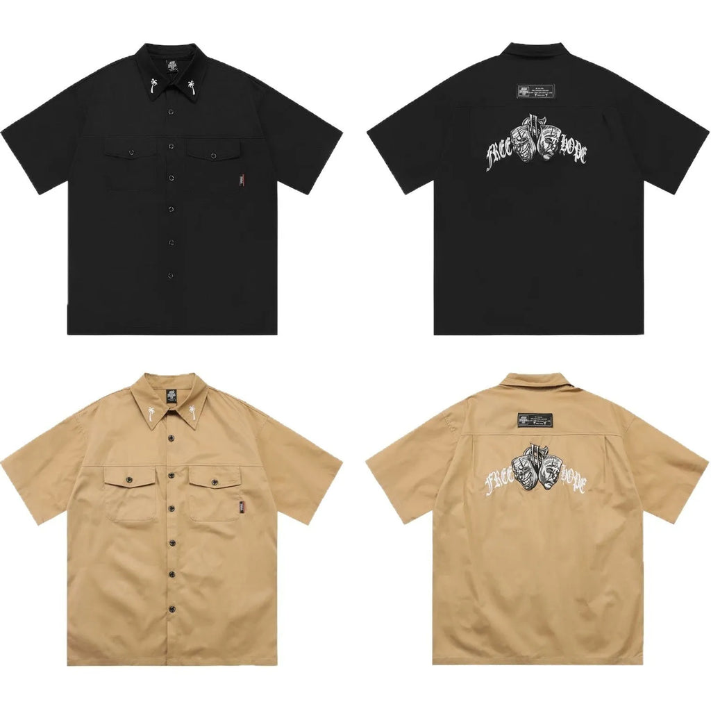 Men's cotton blend loose-fit pocket shirt with embroidery, half sleeve, in black and khaki, sizes M to XXL