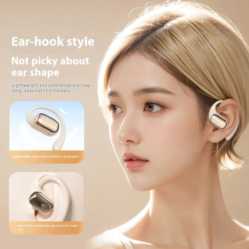 Wireless ear-mounted headphones with digital display screen in black, white, and skin colour options