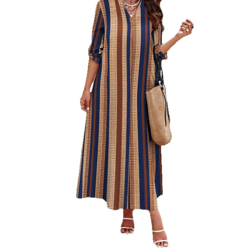 Camel coloured vertical striped V-neck long dress with A-line silhouette and long sleeves