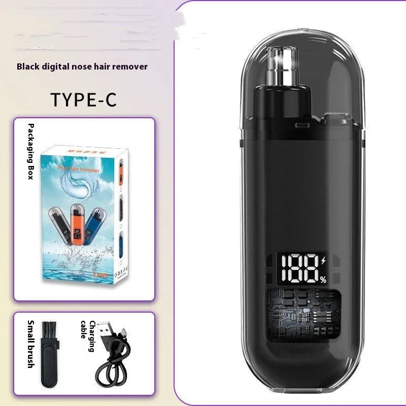 Rechargeable unisex nose hair cleaner with digital display and removable cutter head, ABS body, black colour option