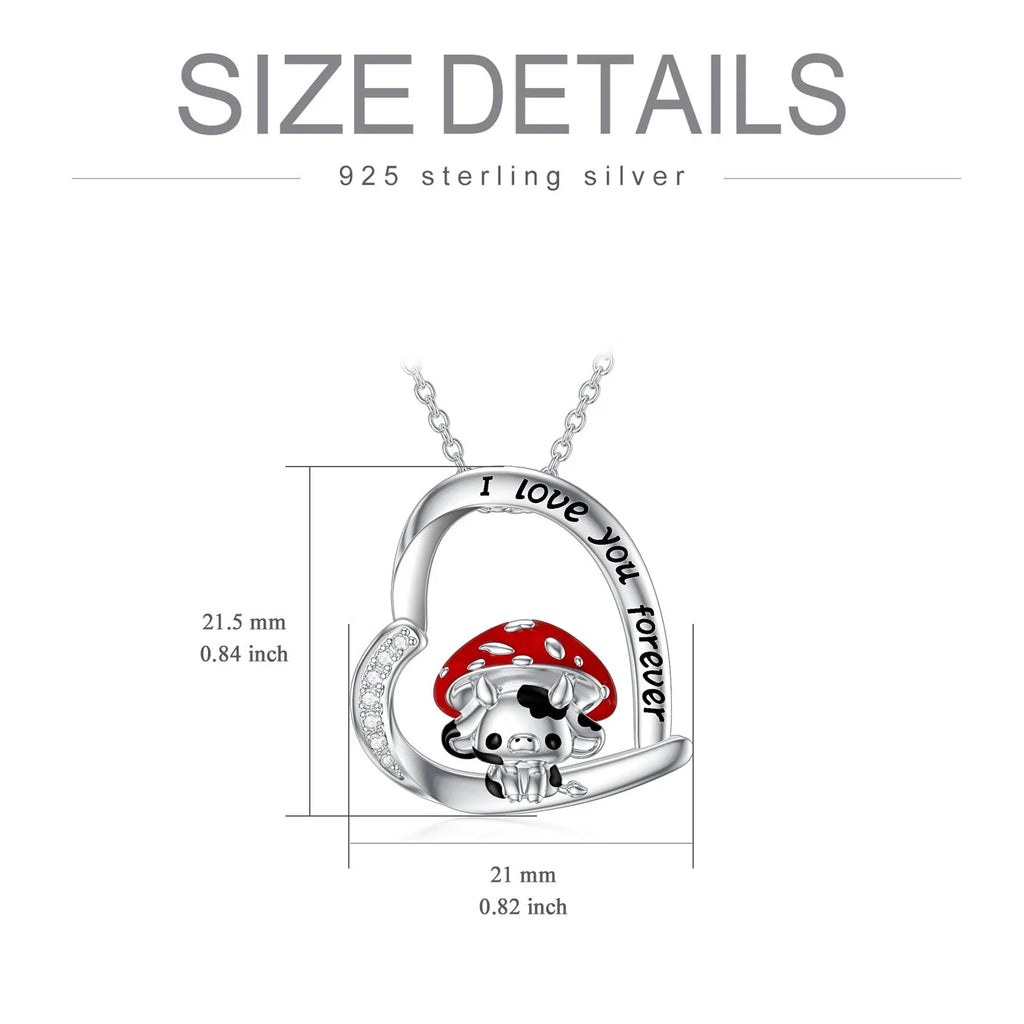 925 sterling silver cow necklace with mushroom hat pendant on love heart, silver, 18-inch cable chain