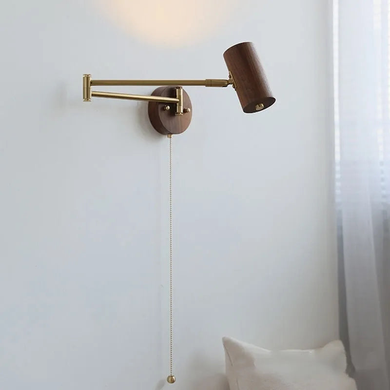 Retro rotating wall lamp with switch, long arm spot light in walnut wood and iron finish