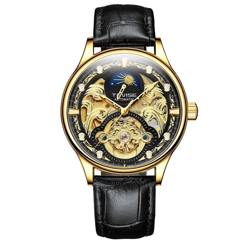 Men's gold leather automatic waterproof watch showing 16mm thickness