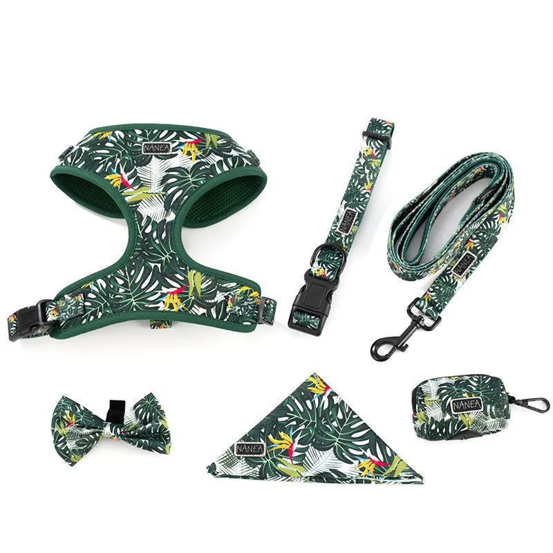 Adjustable cloth dog harness set with haulage rope, collar, waste bag, bow and triangle scarf accessories