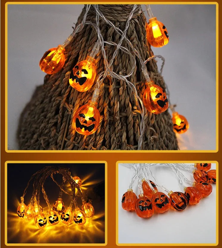 Halloween LED string lights with pumpkin, ghost, bat, and spider pendants measuring 1.2 metres