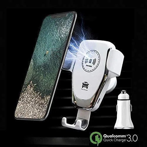 Car wireless charger with automatic gravity clamp mounted on vehicle vent, charging an iPhone