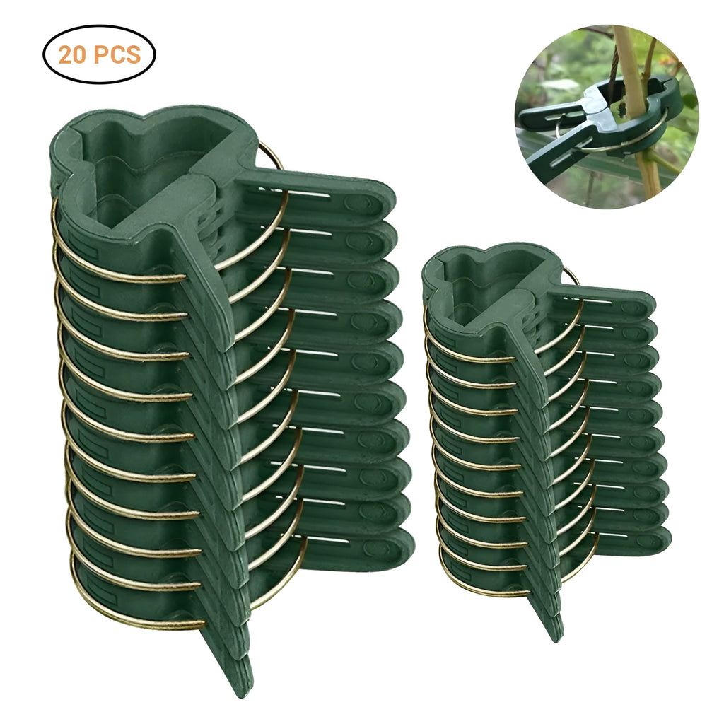 Set of green plastic plant fixing clips with zinc springs, showing large and small sizes for garden use.