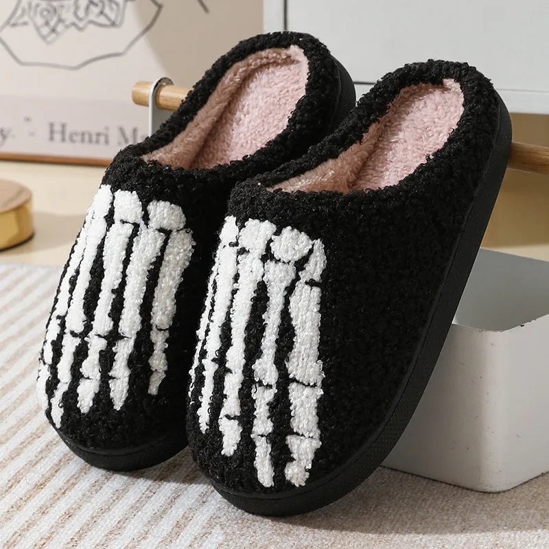 Cartoon ghost hand thermal cotton slippers with suede upper and rubber sole on indoor floor