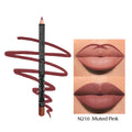 Matte finish lip liner pencil in a slim case showing one of 14 available shades, numbered 201 to 214.