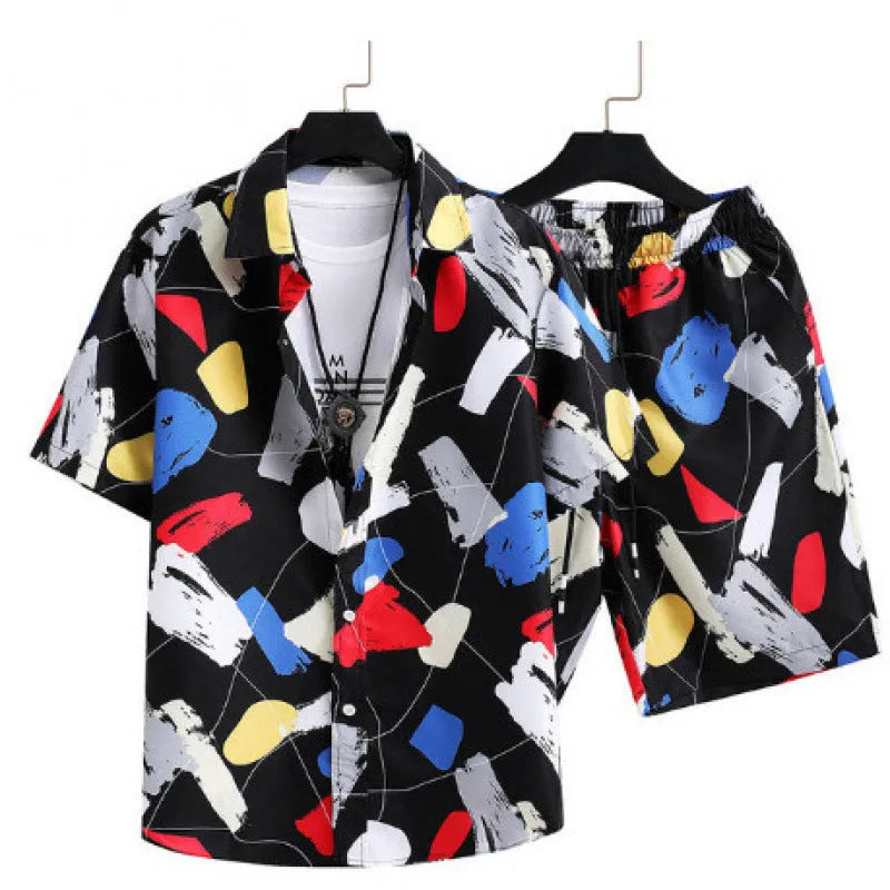 Men's casual suit set with digital printed shorts and short sleeve cardigan in polyester elastic fabric