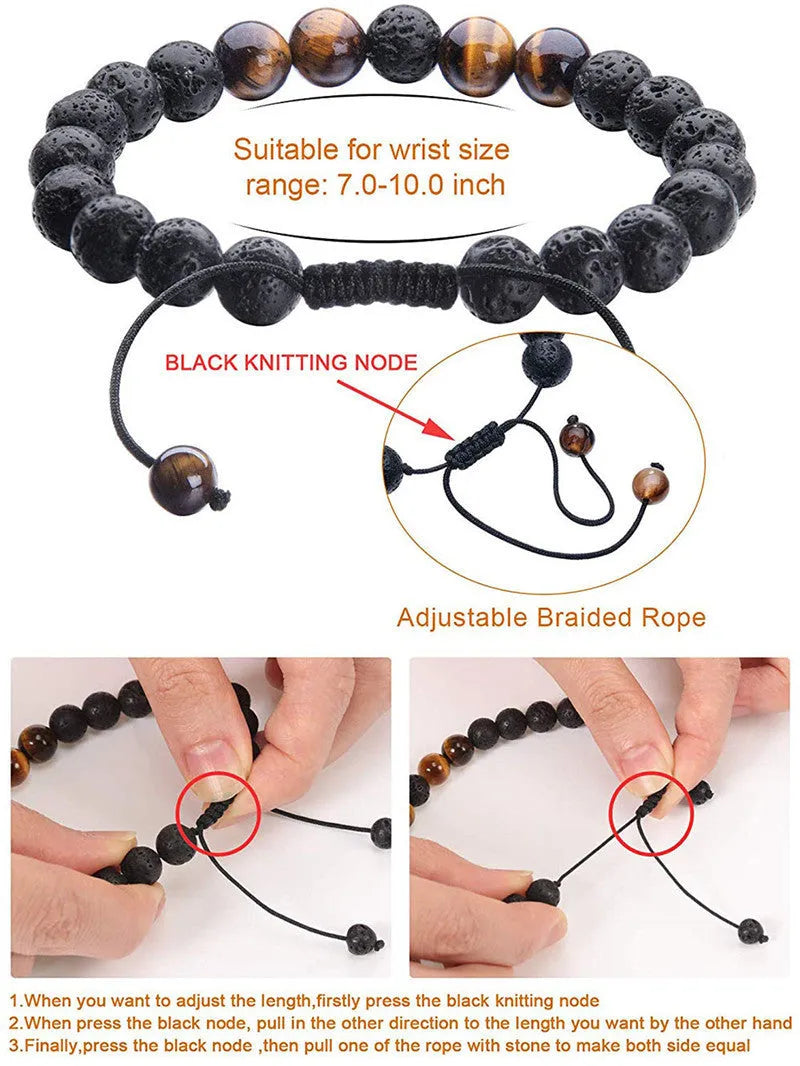 A pair of geometric bracelets with matte black tiger eye agate beads on an adjustable strap.