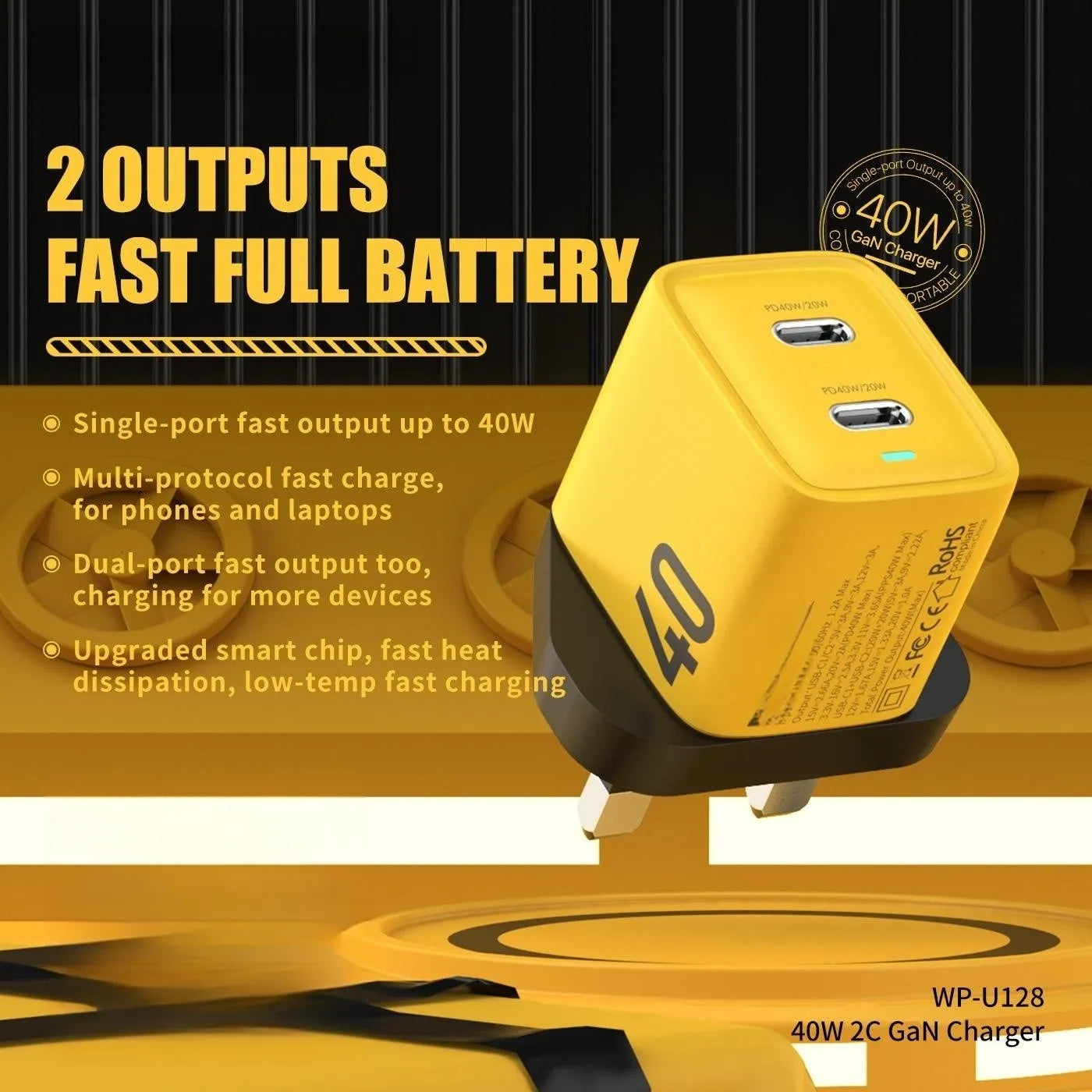 Gallium Nitride 40W mobile phone charging plug for Apple iPhone 14 in yellow with Type-C interface