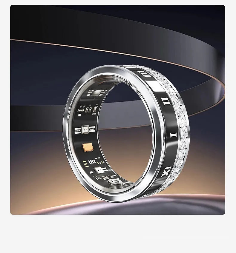 Silver and gold diamond inlaid smart rings for adults showing wearable technology on finger.