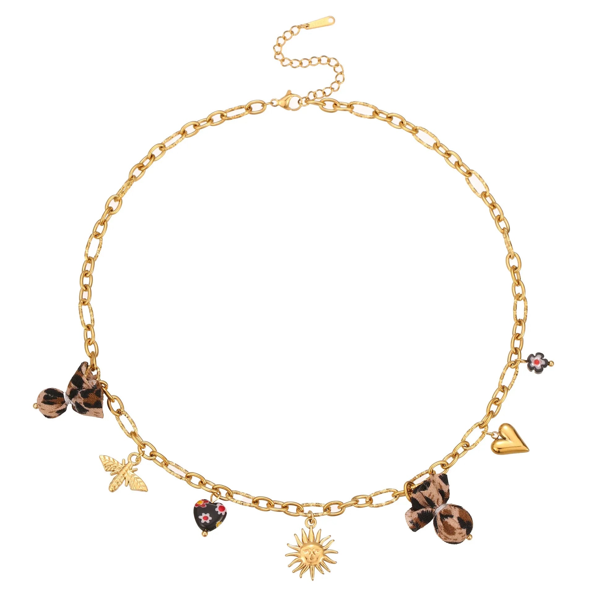 Stainless steel necklace with geometric pendant showing leopard spots, love hearts and flowers in gold finish