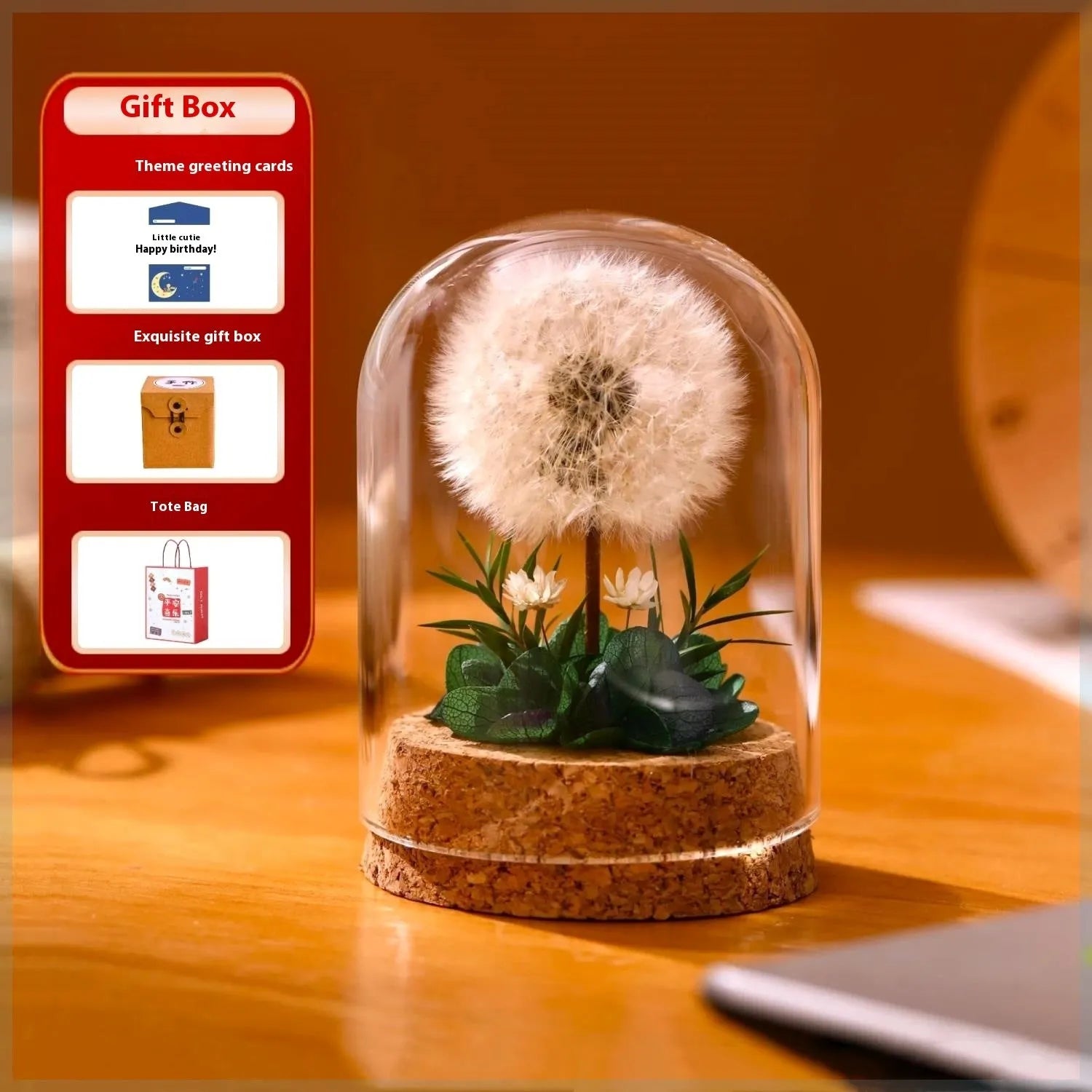 Dandelion-shaped glass night light ornament with coloured gradient cover in golden red