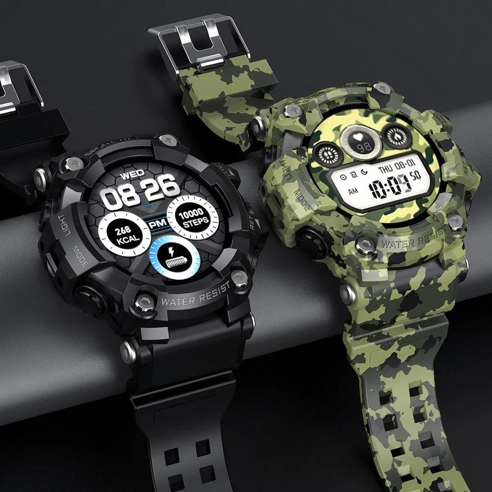 Black or green T6 tactical rugged smart watch with 1.3 inch screen on wrist