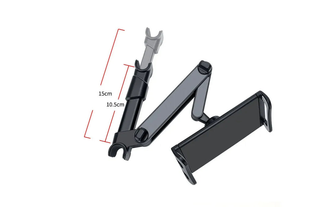 Black plastic car phone holder mounted on rear seat base holding a tablet for navigation