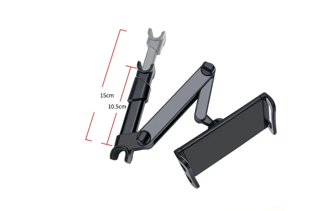 Black plastic car phone holder mounted on rear seat base holding a tablet for navigation