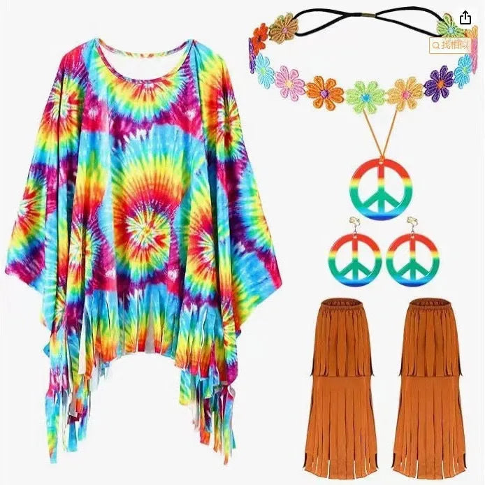 Tie dye cloak costume with bell sleeves in colourful printing pattern for Halloween parties