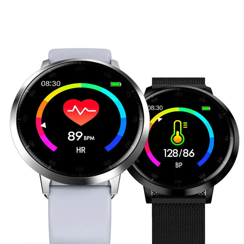 Ultra-thin smart health bracelet with a 1.3-inch screen and silicone strap in black, gold, or silver.
