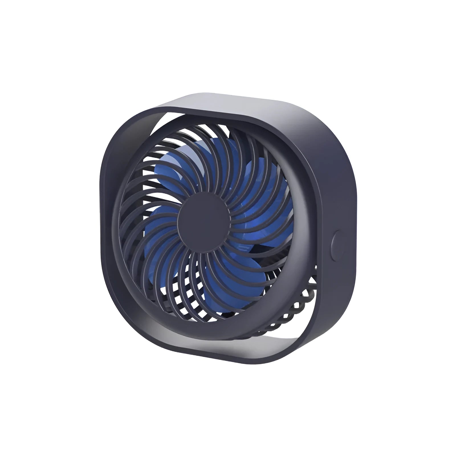 USB charging fan with alarm clock design showing 360-degree rotation feature in blue colour