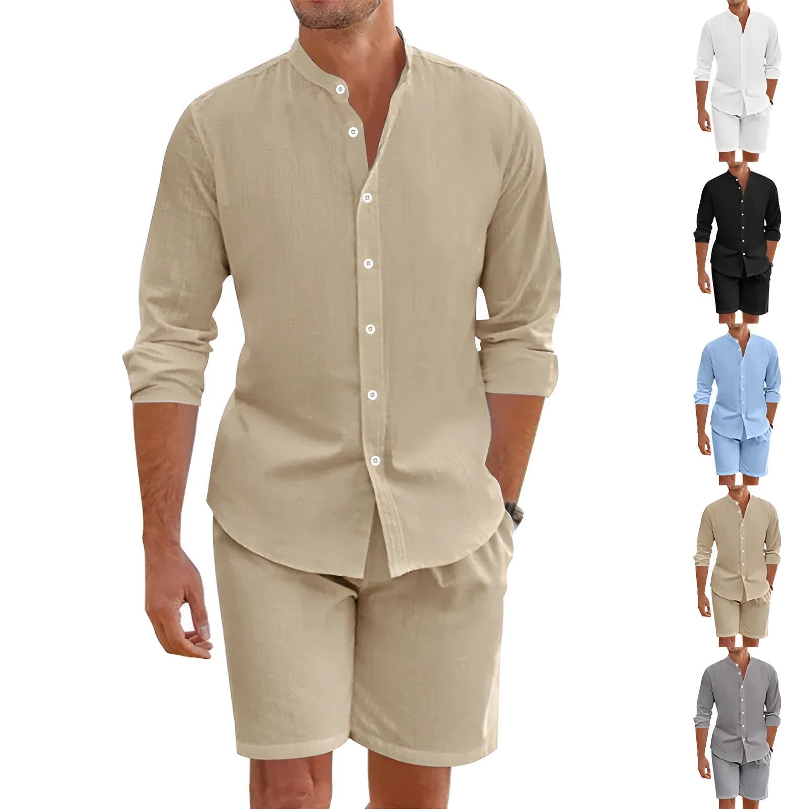 Men's dark grey linen blend short sleeve shirt and matching shorts two-piece set laid flat.